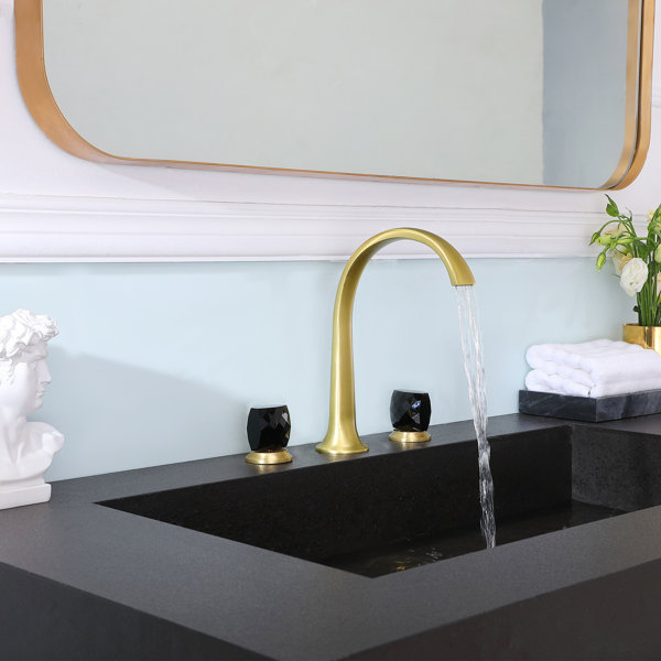 Hotis Solid Brass Brushed Gold Widespread Bathroom Faucet with Crystal Handle | Wayfair